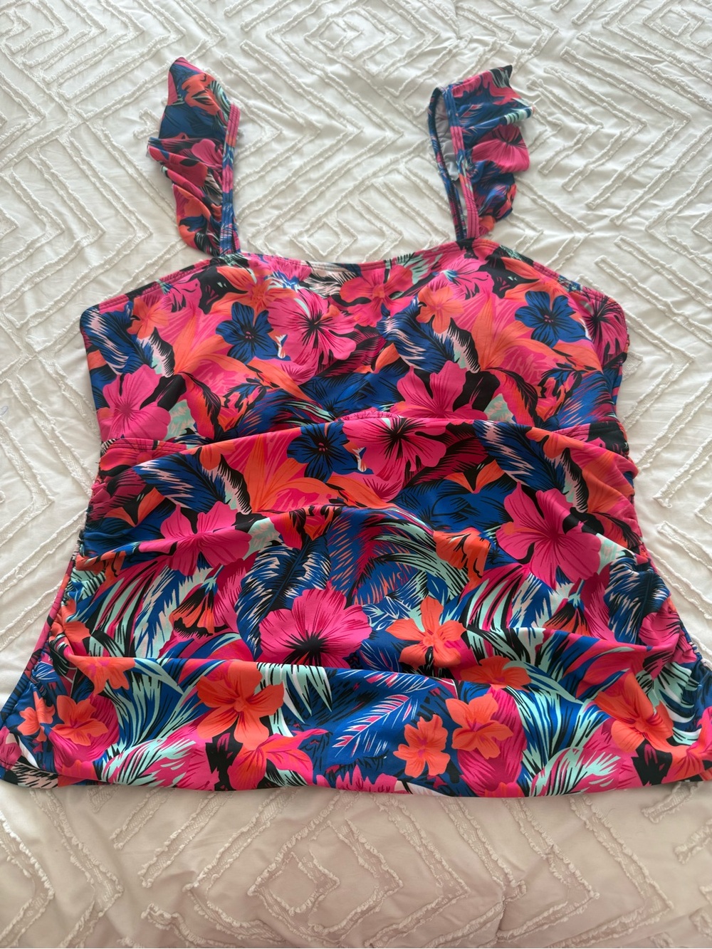 Floral Tropical Ruffle Swim Tankini Top Sz L
